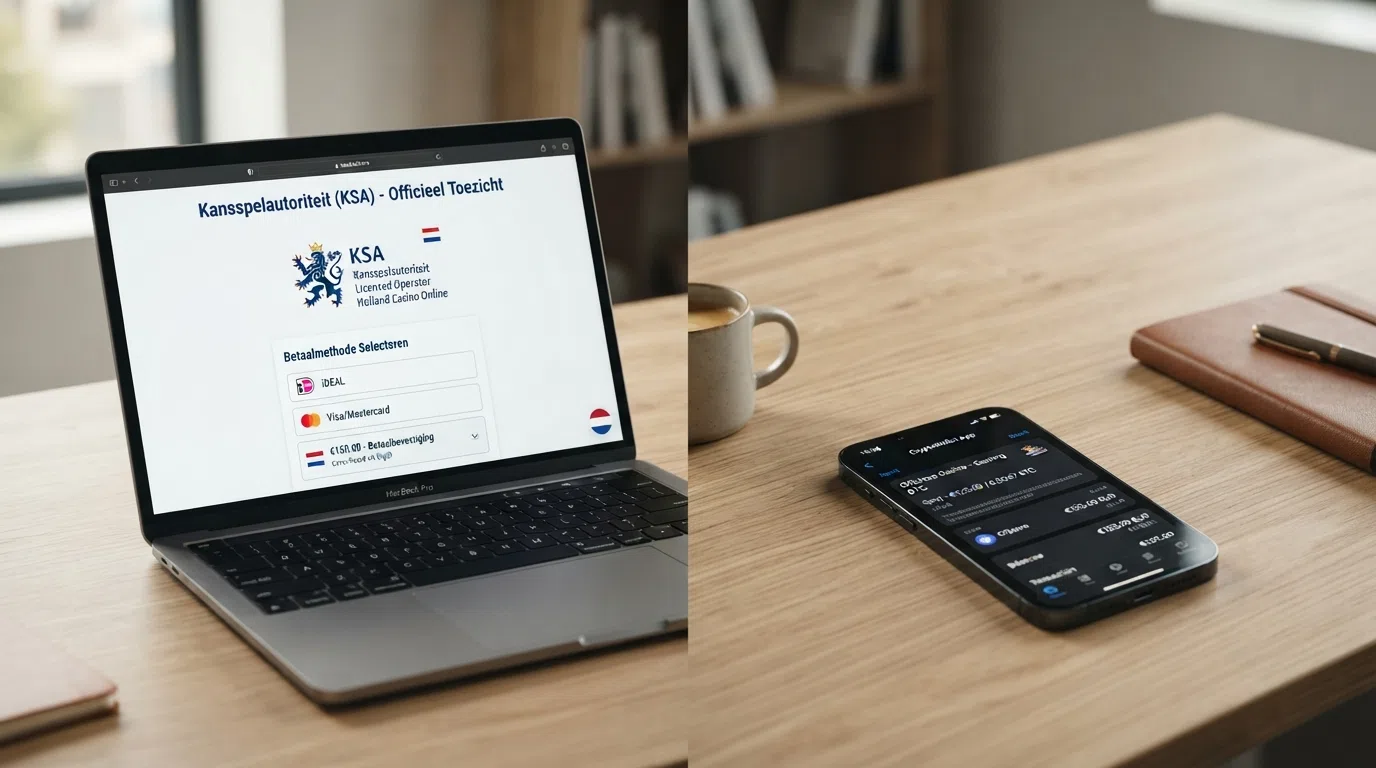 Een gesplitst scherm: links het KSA-logo en een iDEAL-betaalscherm in euro's, rechts een crypto-wallet en een casino dat BCH accepteert.