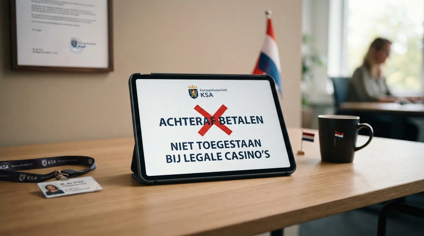 Het logo van de Kansspelautoriteit naast een rood doorstreept betaalscherm met de tekst “achteraf betalen” en de vermelding “niet toegestaan bij legale casino's”