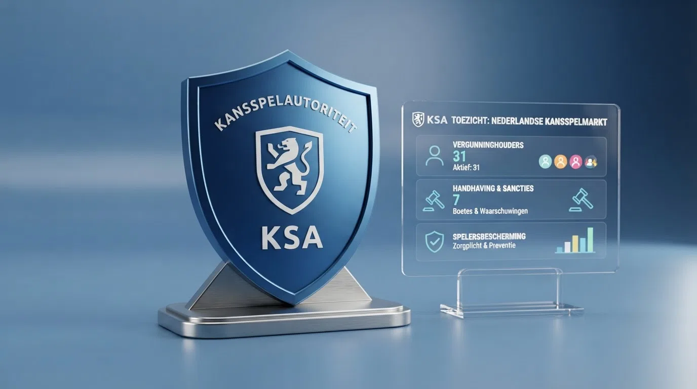 Een screenshot van de Kansspelautoriteit-website met het openbare vergunningenregister, naast een grafisch element dat de kerncijfers van het Nederlandse goklandschap toont