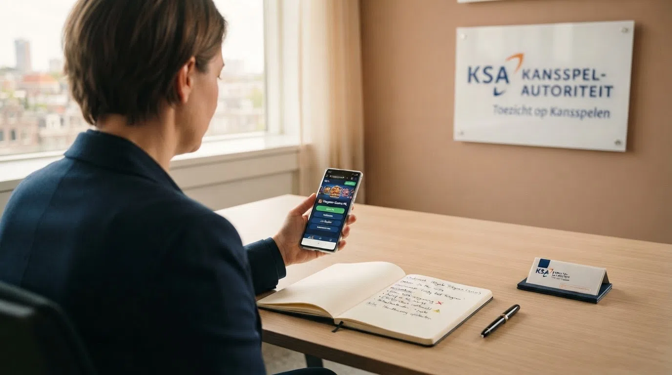 Het logo van de Kansspelautoriteit naast een Telegram-interface met een casino-bot, gescheiden door een rood stopteken