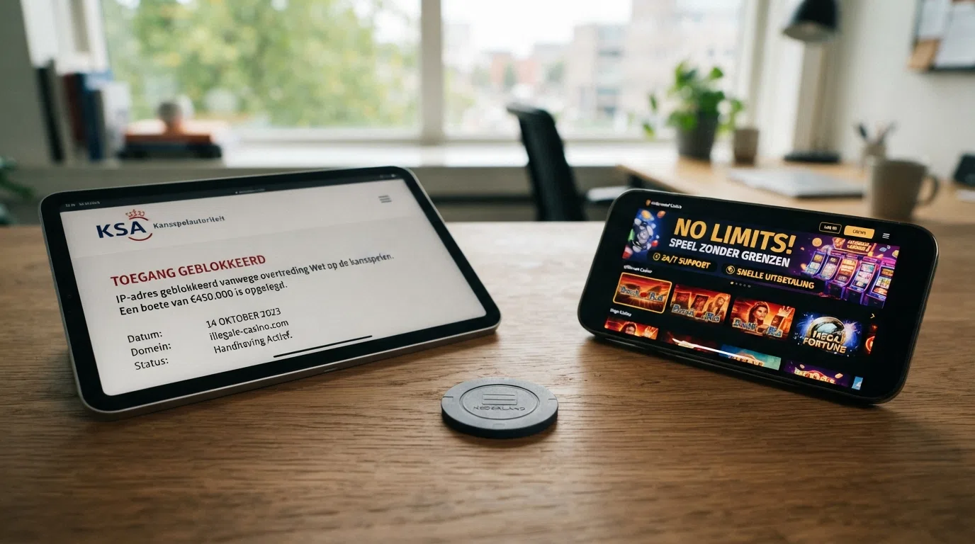 Een gestileerde weergave van de KSA-handhavingsinstrumenten: een IP-blokkade-scherm en een boetebeschikking, tegenover het logo van een niet-Nederlandse kansspelautoriteit
