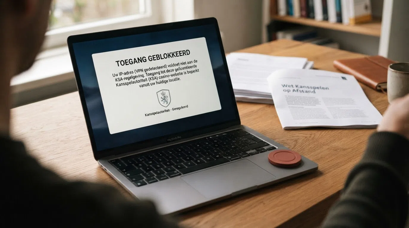Een laptopscherm met een rood geblokkeerd casino-account naast het Kansspelautoriteit-logo en een document met de titel 'Wet Kansspelen op Afstand'