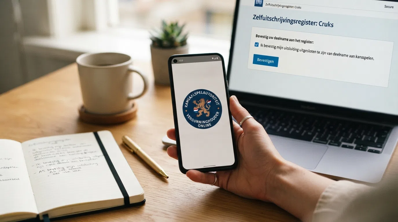Het logo van de Kansspelautoriteit naast een waarschuwingsicoon en een slot met een Cruks-verwijzing