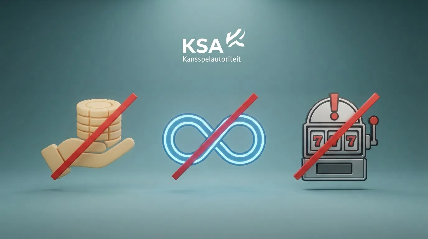 Drie doorgestreepte iconen — een cashback-symbool, een oneindigheidsteken voor autoplay en een slot met een uitroepteken — onder het KSA-logo