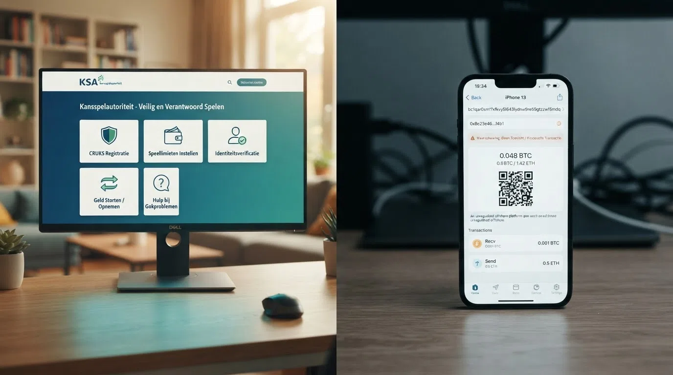 Een splitscreen: links het logo van de Kansspelautoriteit met iconen voor CRUKS, stortingslimiet en identiteitscontrole; rechts een anoniem crypto-walletadres met waarschuwingsicoon.