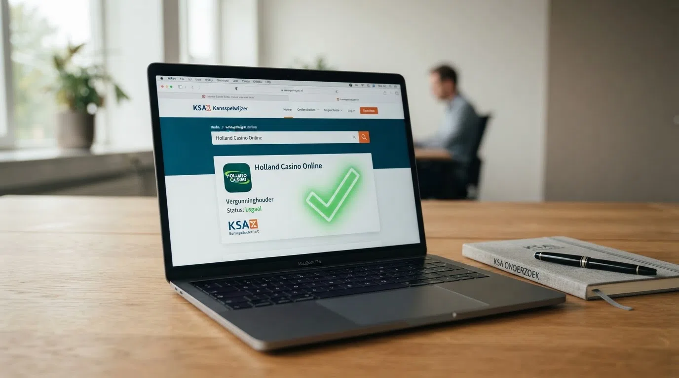 Het Kansspelwijzer-scherm van de KSA waarop een vergunningzoekopdracht wordt uitgevoerd voor een casino app, met een groen vinkje bij een geldige vergunning