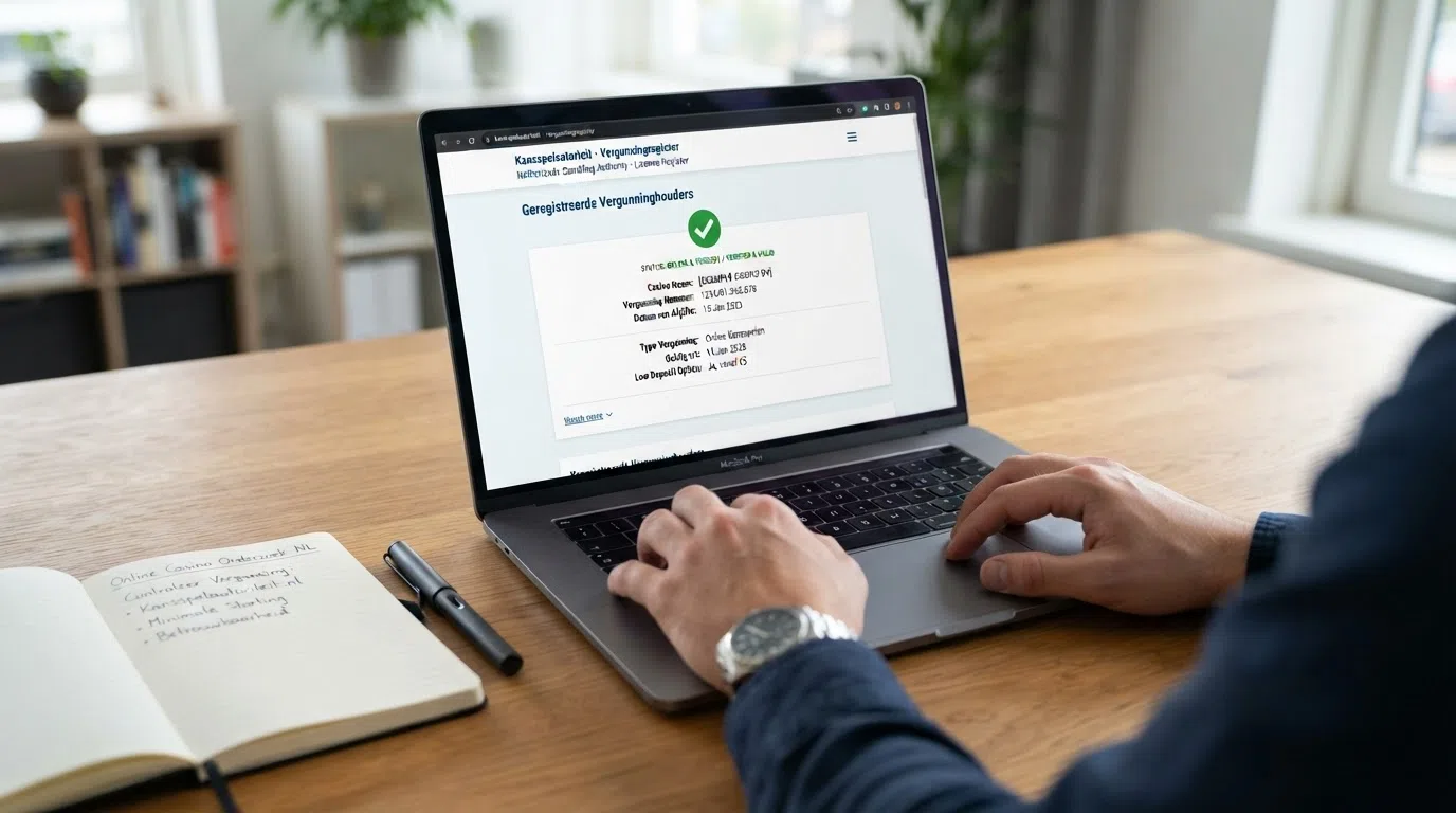Het KSA-logo naast een screenshot van het Kansspelwijzer-vergunningregister op een laptopscreen, met een vinkje bij een vergunde aanbieder.