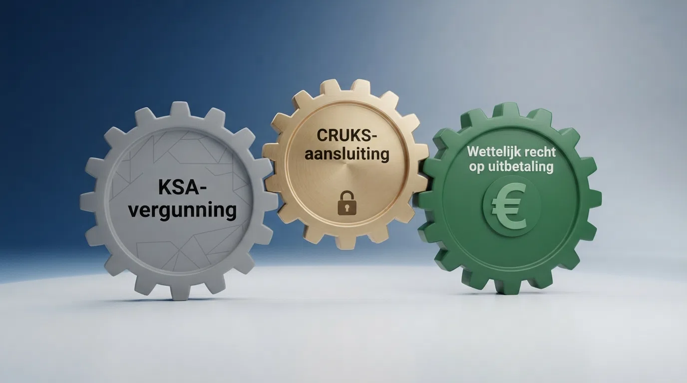 Een screenshot van de Kansspelwijzer-zoekbalk met een KSA-vergunningdetailpagina, naast de logo's van CRUKS en Loket Kansspel