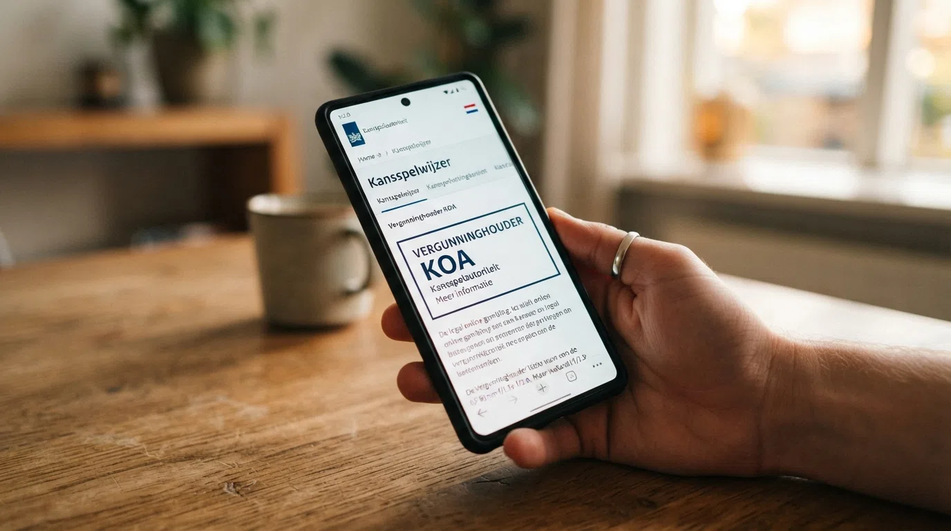 Een close-up van een telefoonscherm met de Kansspelwijzer-pagina van de Kansspelautoriteit in beeld, waarop het logo van een bingo-aanbieder en het keurmerk 'Vergunninghouder KOA' zichtbaar zijn.