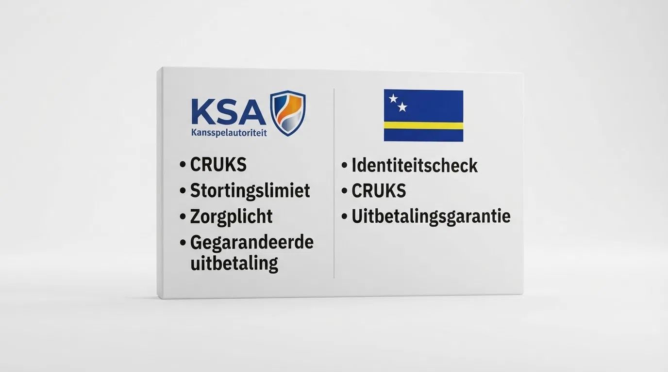 Een split-screen infographic: links het KSA-logo met daaronder “CRUKS • Stortingslimiet • Zorgplicht • Gegarandeerde uitbetaling”, rechts een Curaçao-vlag met daaronder “Geen ID-check • Geen CRUKS • Geen uitbetalingsgarantie”