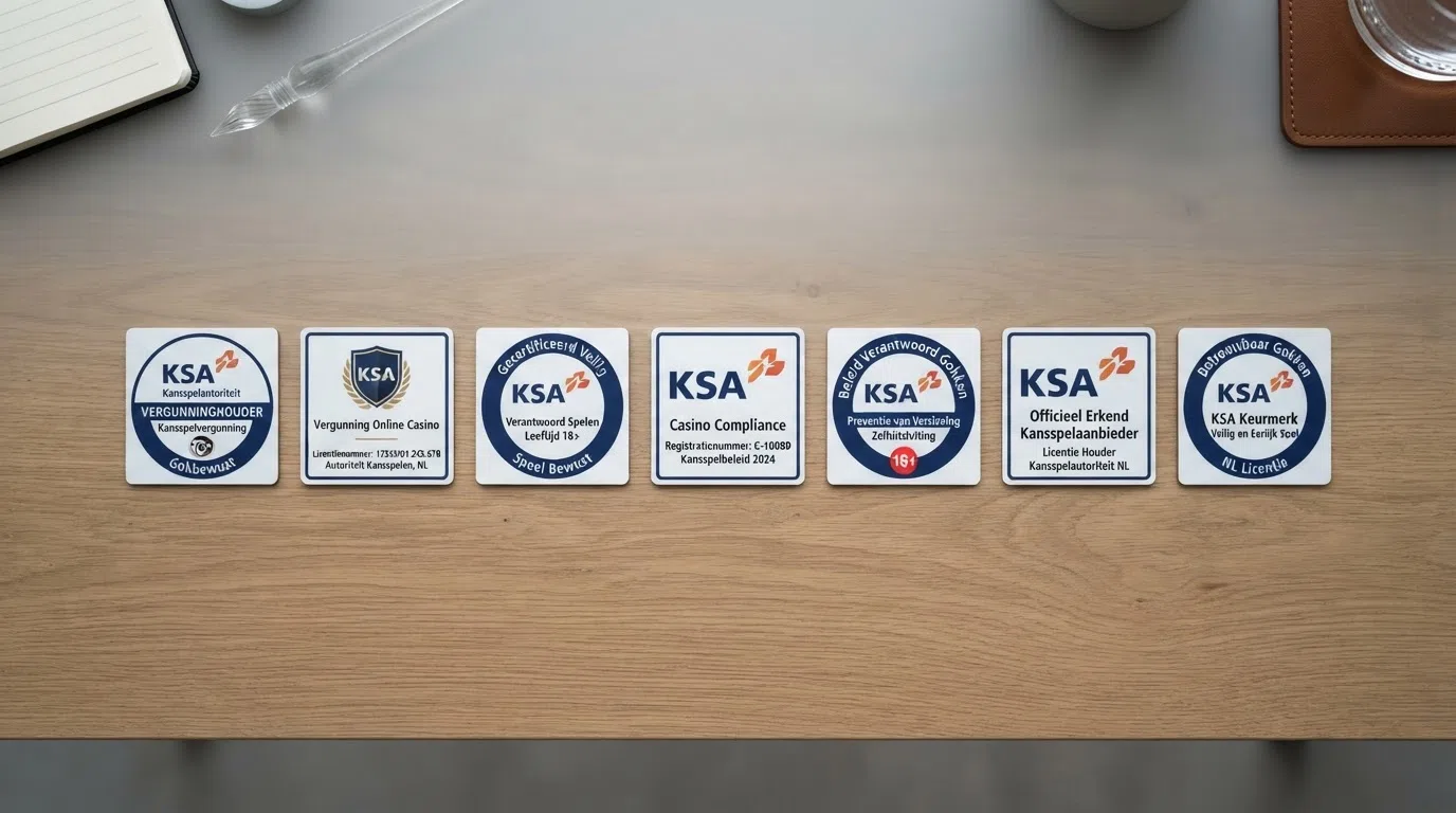 Een rij KSA-keurmerken en casino-logo's van de besproken aanbieders, geordend op licentiestatus