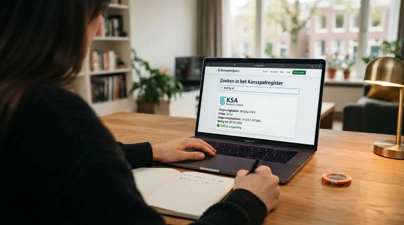 Het Kansspelwijzer-register op een beeldscherm met een ingevulde zoekopdracht, naast het KSA-logo