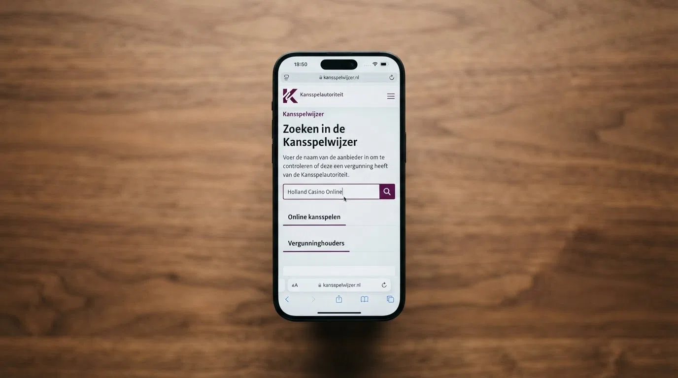 Close-up van een smartphone-scherm met de Kansspelwijzer-zoekfunctie van de Ksa — een casino-naam wordt ingetypt in het zoekveld