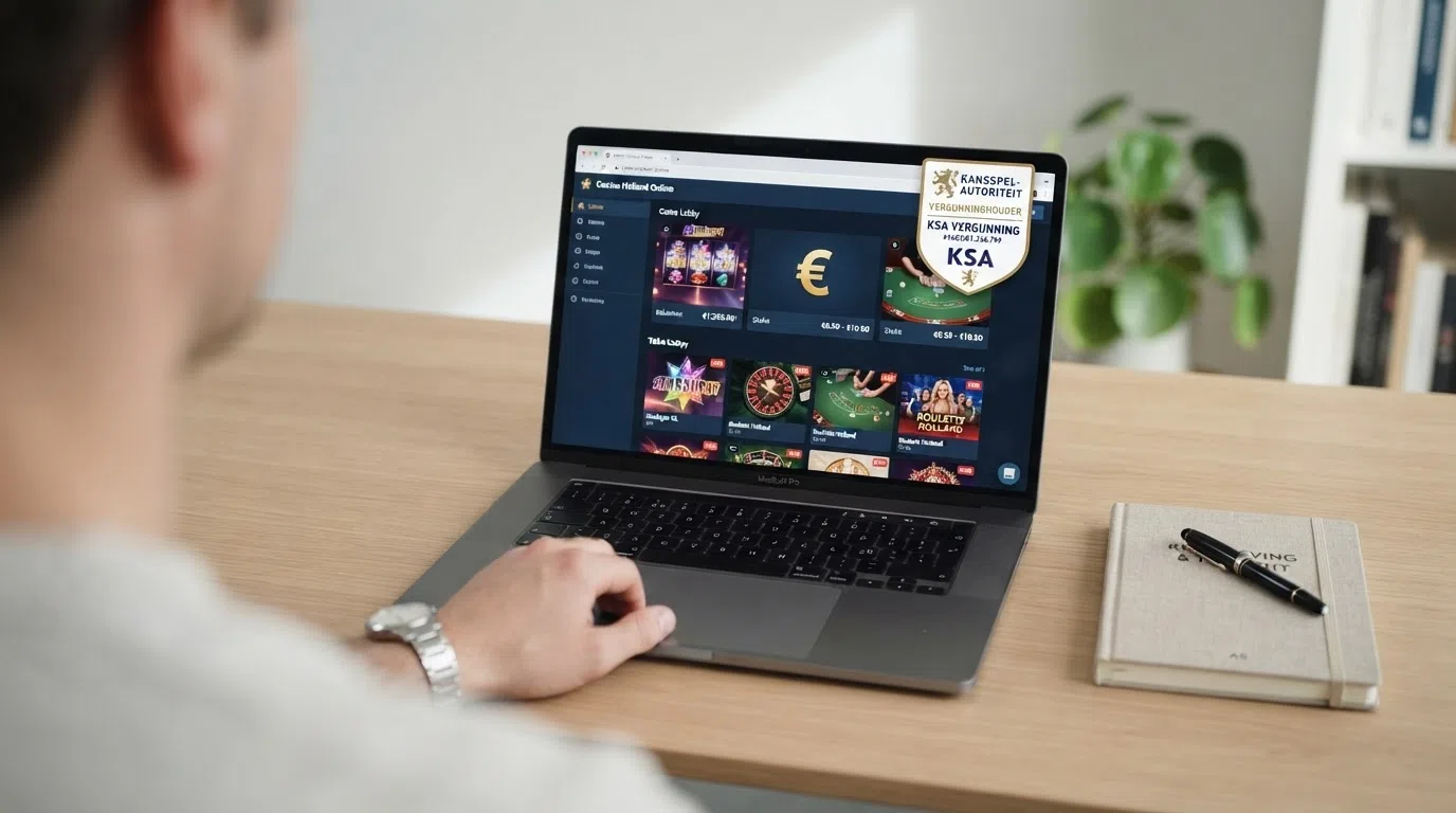 Het logo van de Kansspelautoriteit op een witte achtergrond met daarnaast een smartphone die een casino-app toont.