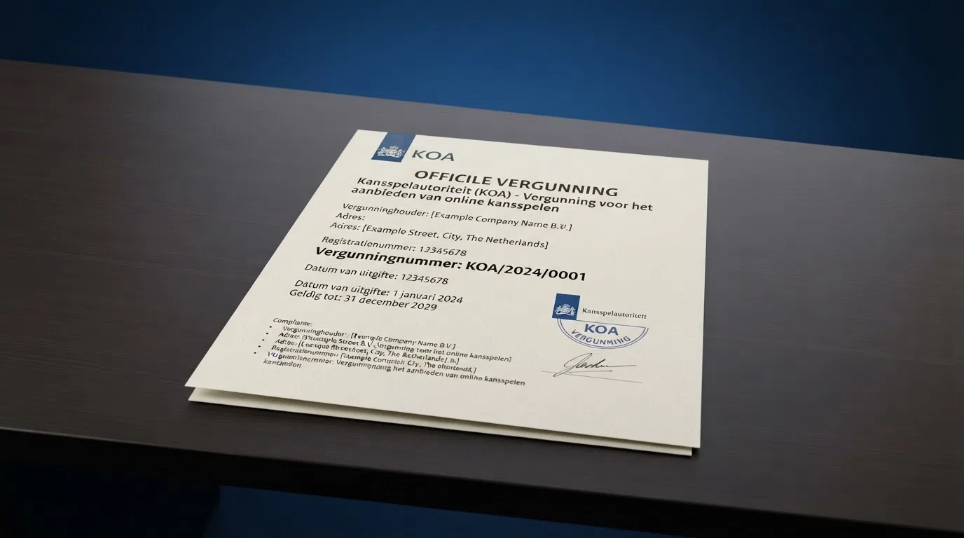 Een close-up van een KOA-vergunningsdocument met het KSA-logo, een vergunningnummer en een officieel stempel op een houten bureau