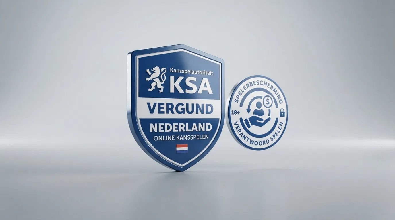 Een close-up van een KSA-vergunningslogo naast het CRUKS-logo op de homepage van een Nederlandse goksite, met de tekst “Vergunninghouder Kansspelautoriteit” duidelijk leesbaar