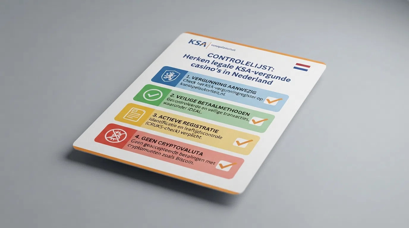 Een overzichtelijke checklist met de vier kenmerken van een legaal KSA-casino: KSA-logo, iDIN-verificatie, CRUKS-aansluiting, geen cryptobetalingen