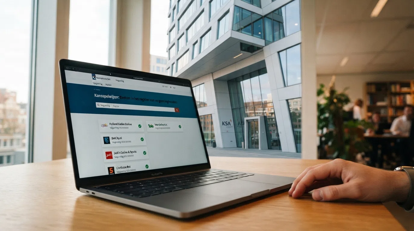 Het gebouw van de Kansspelautoriteit in Den Haag naast een screenshot van het online Kansspelwijzer-register