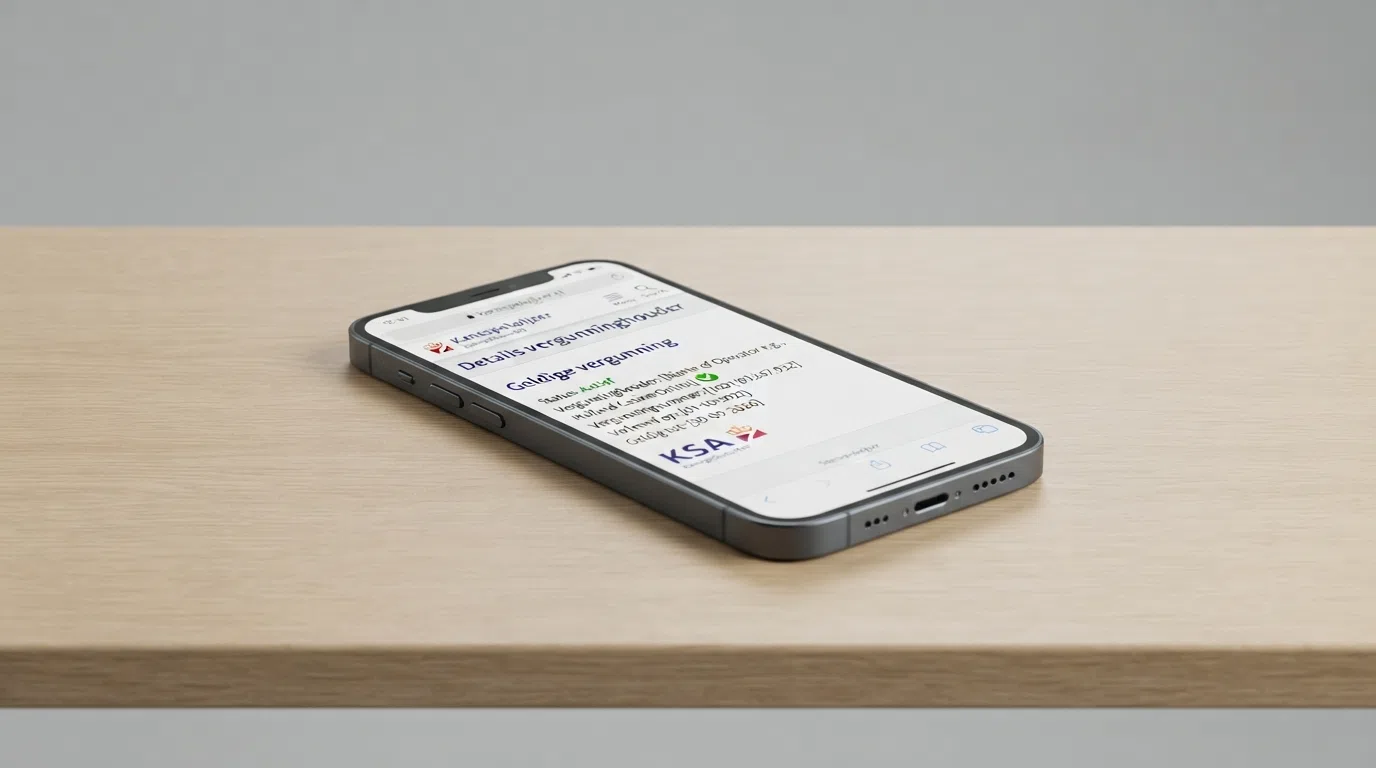 Het scherm van de Kansspelwijzer op kansspelautoriteit.nl, geopend op een smartphone, met een vinkje bij 'vergunninghouder'