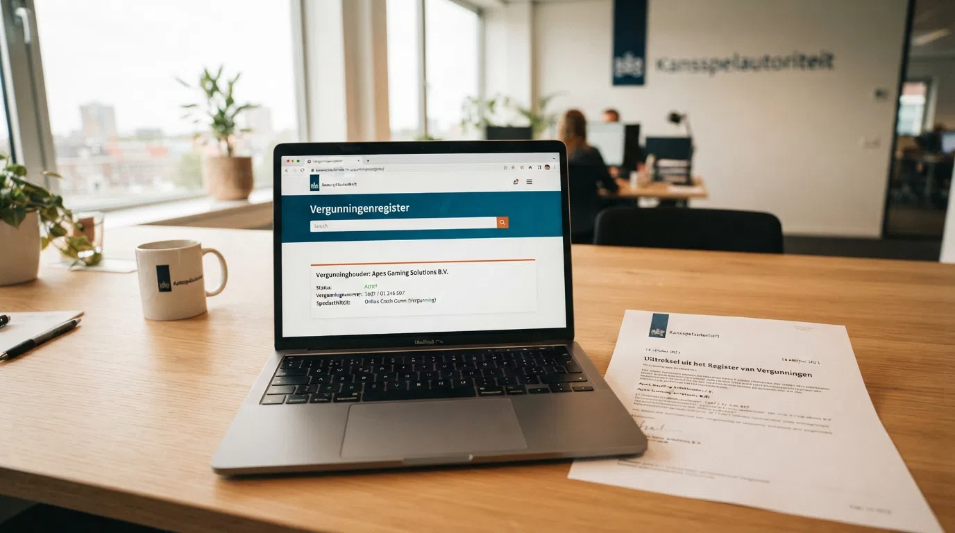 Het logo van de Kansspelautoriteit naast een screenshot van het KSA-vergunningenregister op kansspelautoriteit.nl