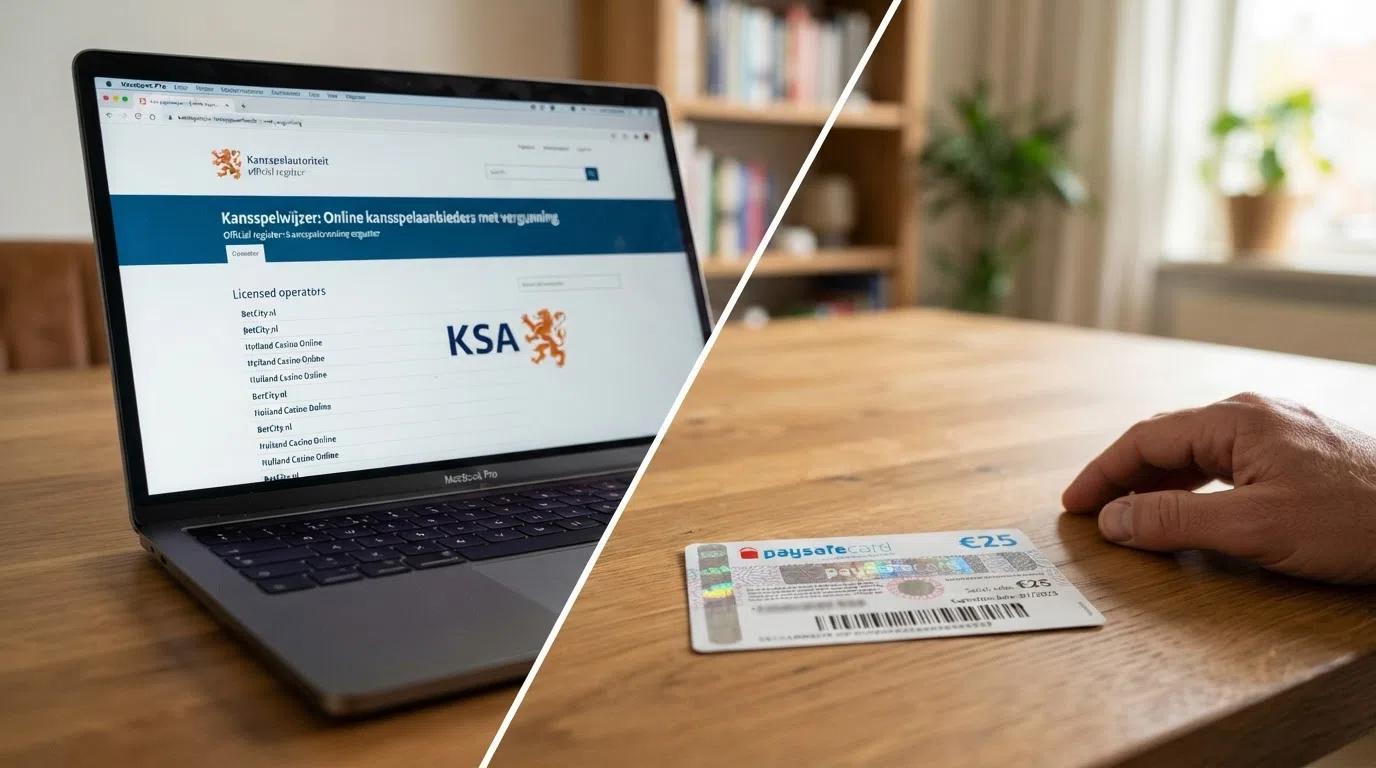 Een splitscreen: links het KSA-logo met een slot-icoon, rechts een Neosurf-logo met een wereldbol — daaronder twee casino-interfaces naast elkaar