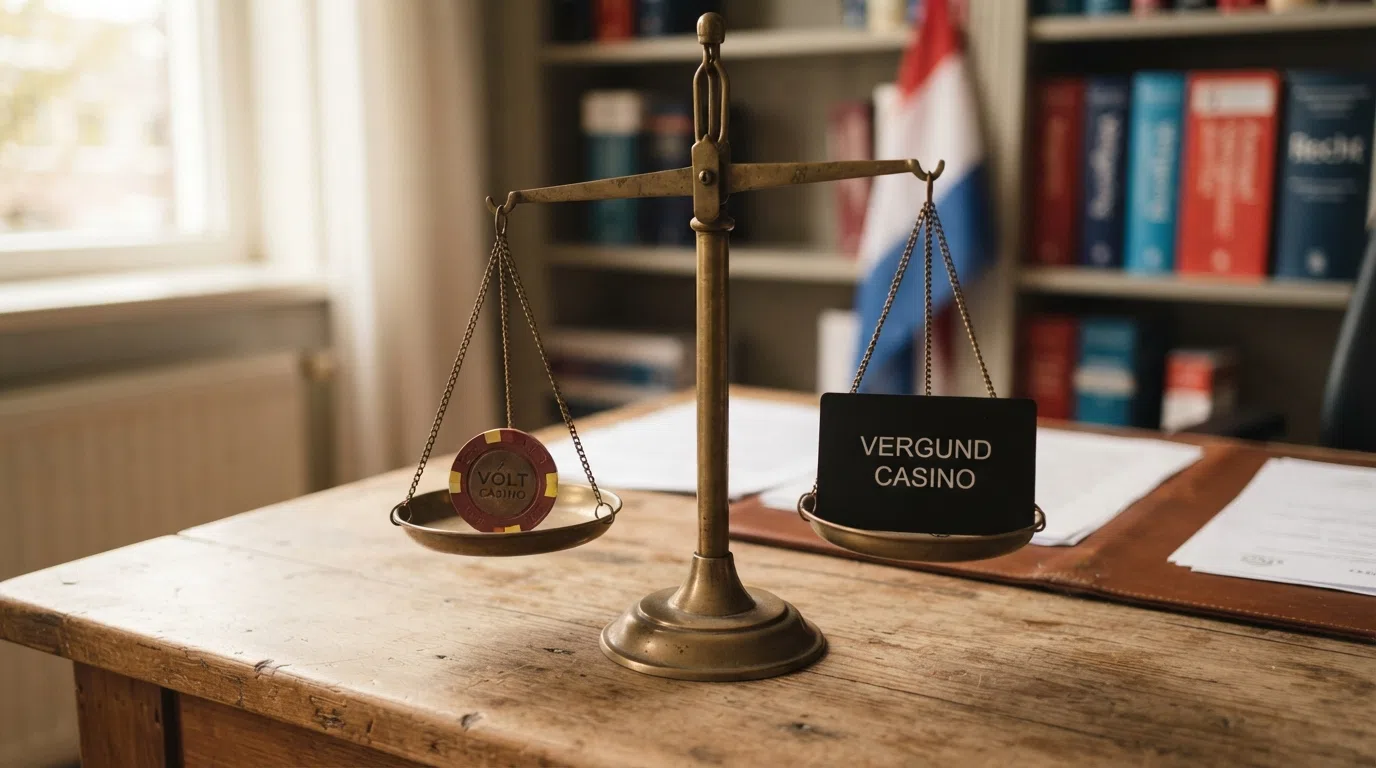 Een weegschaal met aan de ene kant een KSA-keurmerk, CRUKS-logo en slotje (legale casino's) en aan de andere kant een Volt-logo zonder keurmerken (offshore casino's)