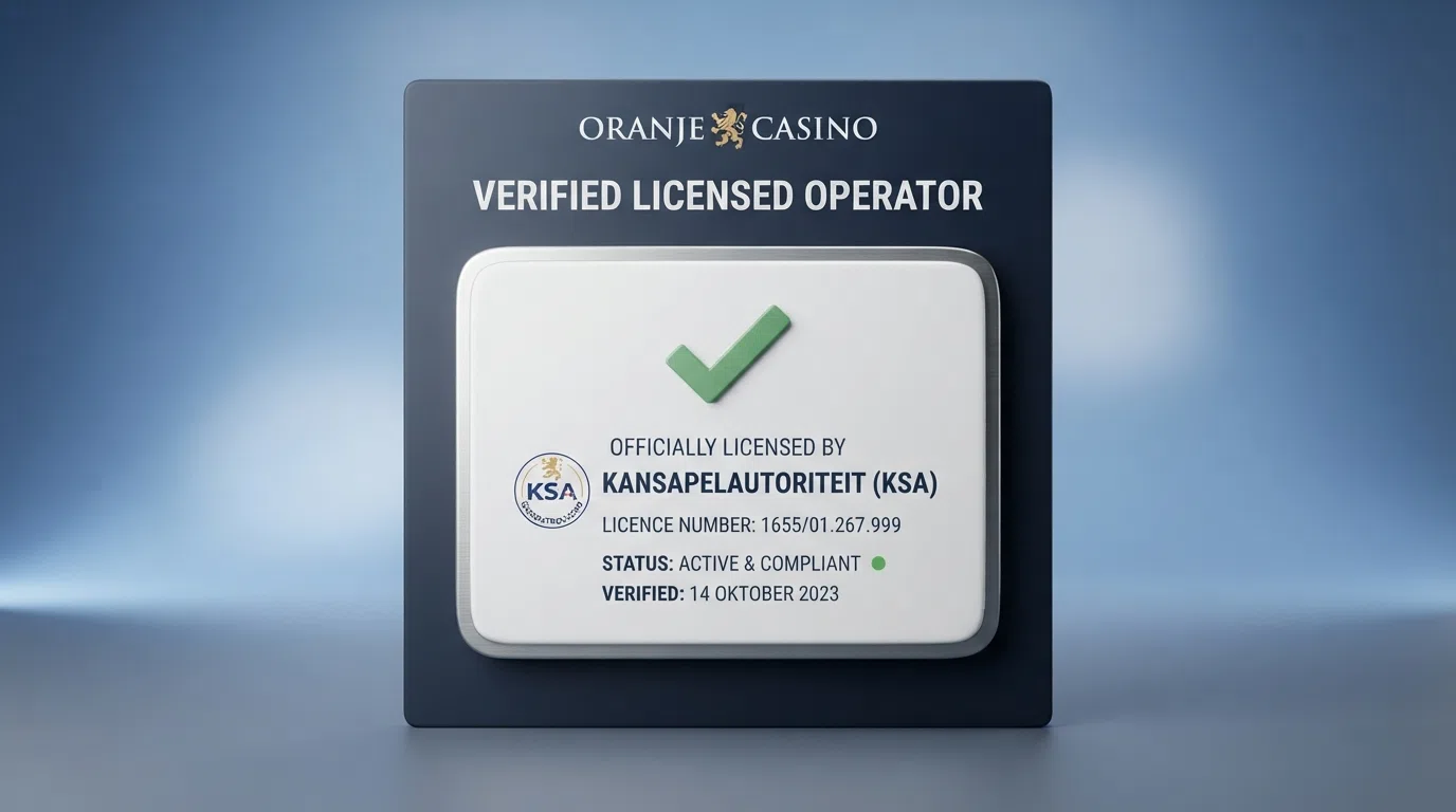 Het Ksa-logo naast een screenshot van de Kansspelwijzer met een vergunningdetailpagina van een Nederlands online casino