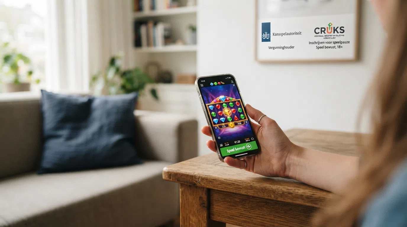 Een smartphone toont de starburst-gokkast terwijl op de achtergrond het logo van de Kansspelautoriteit en het CRUKS-register zichtbaar zijn