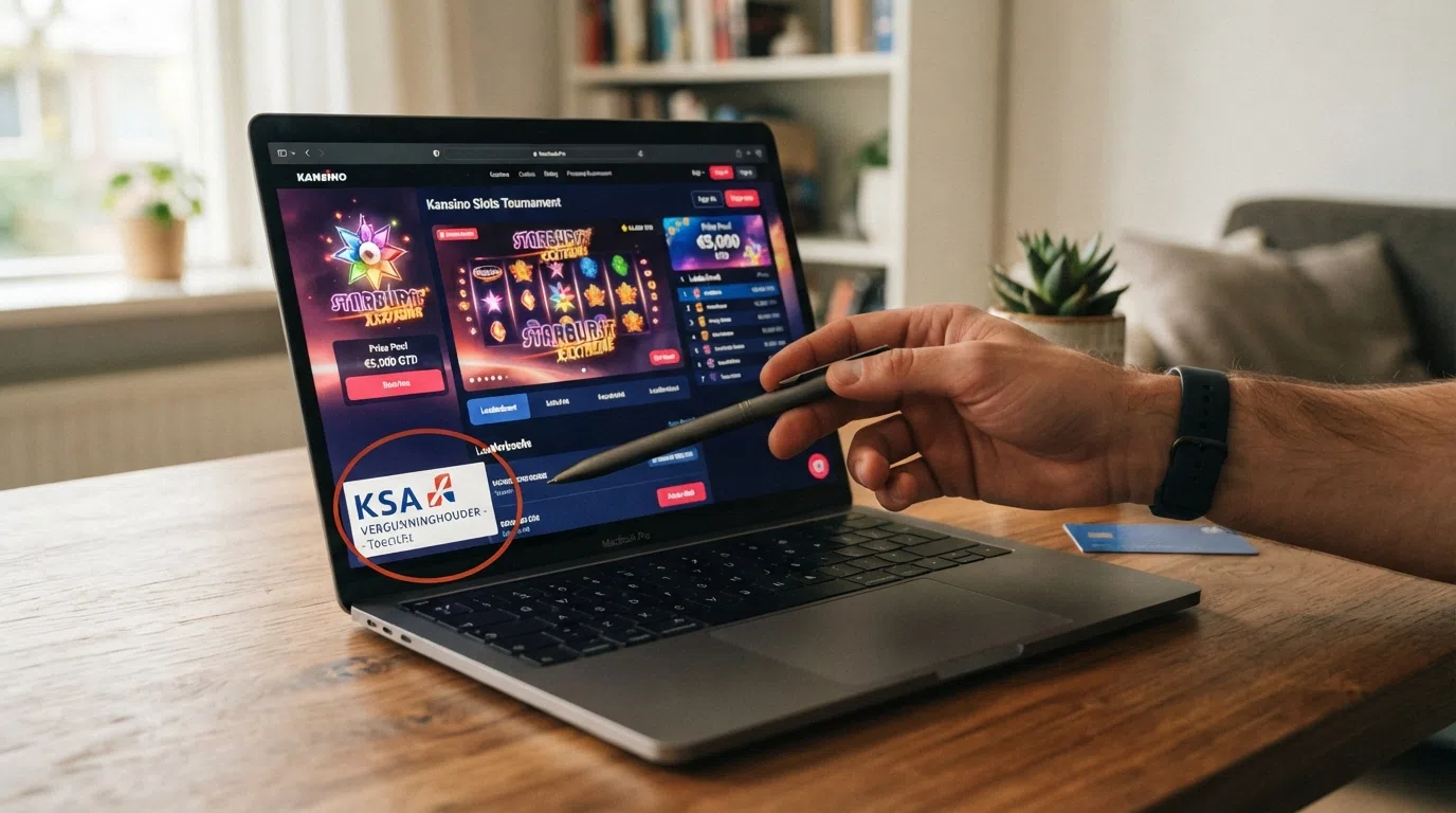 Het logo of de keurmerk-weergave van de Kansspelautoriteit naast een online casino-interface met een slot-toernooi, met een slotje of schild-icoon als veiligheidssymbool