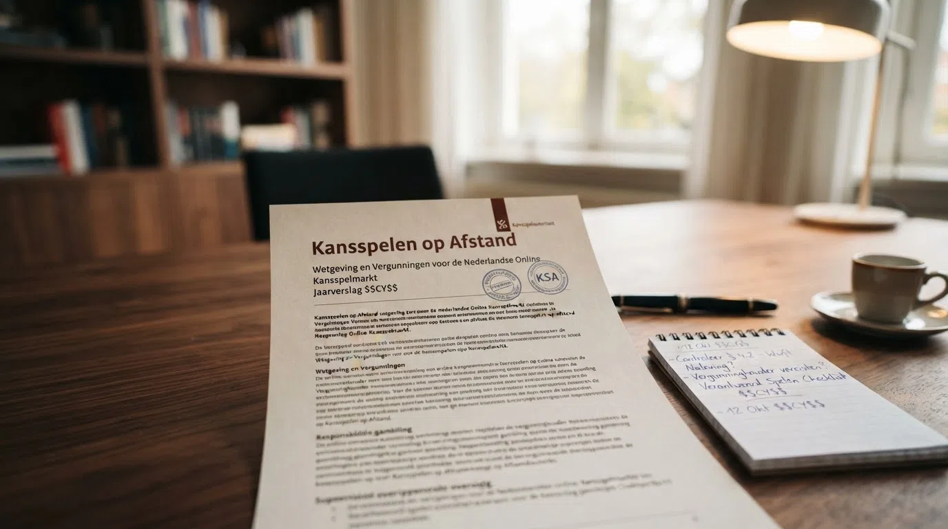 Het logo van de Kansspelautoriteit naast een gedeeltelijk zichtbaar vergunningsdocument met de tekst “Kansspelen op Afstand” en het jaartal 2026