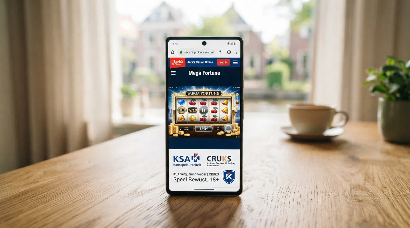 Een smartphone die het KSA-logo en het CRUKS-register toont naast een slot-spel in beeld, met een hangslot-icoon in de browserbalk