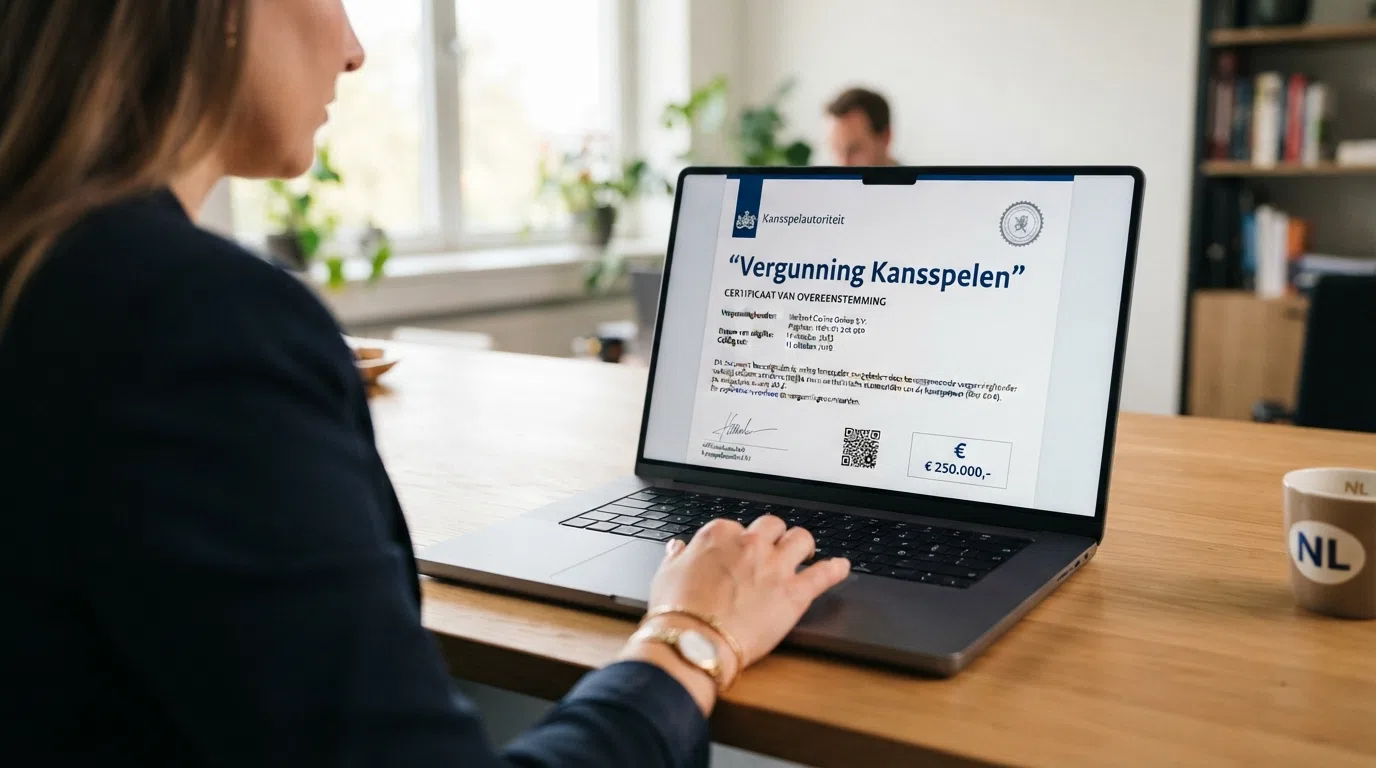 Het logo van de Kansspelautoriteit op een scherm, met daaronder een slot- of schildsymbool dat veiligheid uitstraalt.