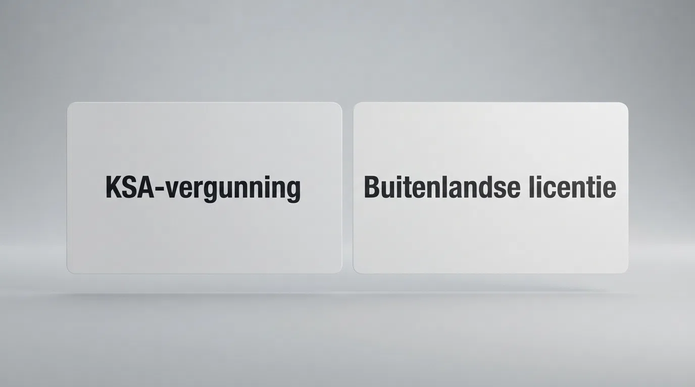 Twee naast elkaar geplaatste kolommen: links een KSA-vergunning, rechts een buitenlandse casino-licentie