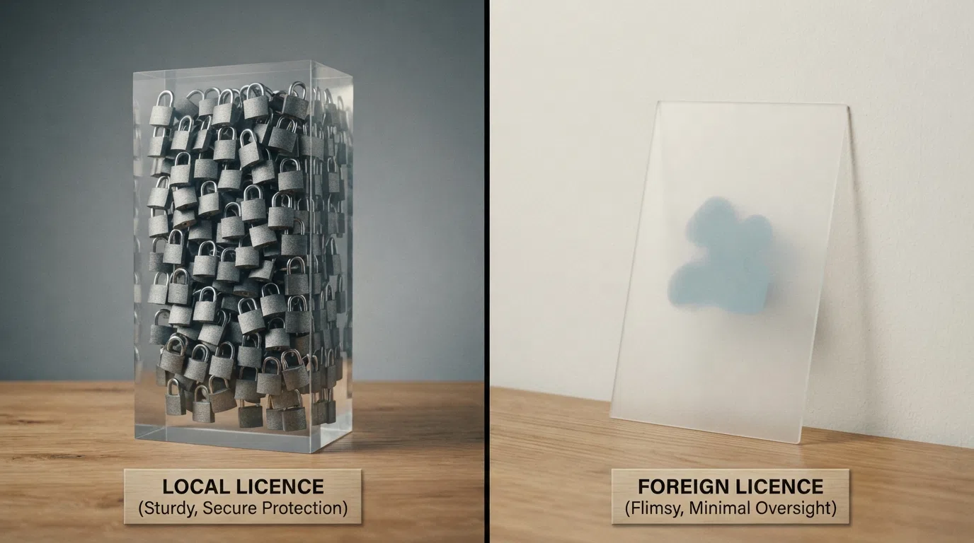 Een split-screen vergelijking: links de KSA-keurmerkzuil met slotjes op CRUKS, iDIN en bonusbeperking; rechts een MGA-logo zonder slotjes op dezelfde punten