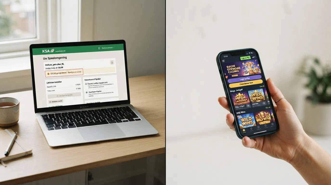 Een vergelijkingstabel met twee kolommen: 'KSA-vergund casino' en 'Offshore Pay N Play', met rijen voor CRUKS, identiteitscontrole, consumentenrecht en toezicht.