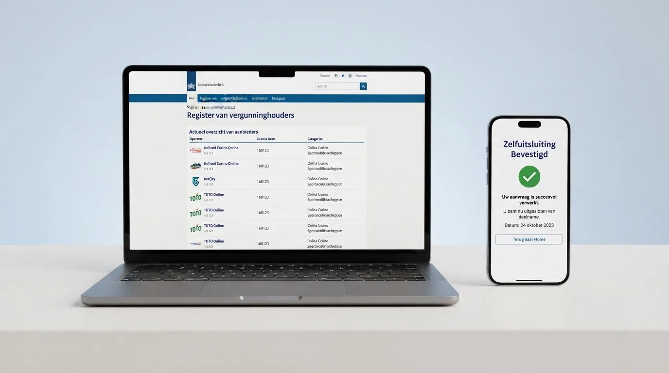 Het officiële register van de Kansspelautoriteit met vergunninginformatie, naast een scherm met Cruks-inschrijvingsbevestiging