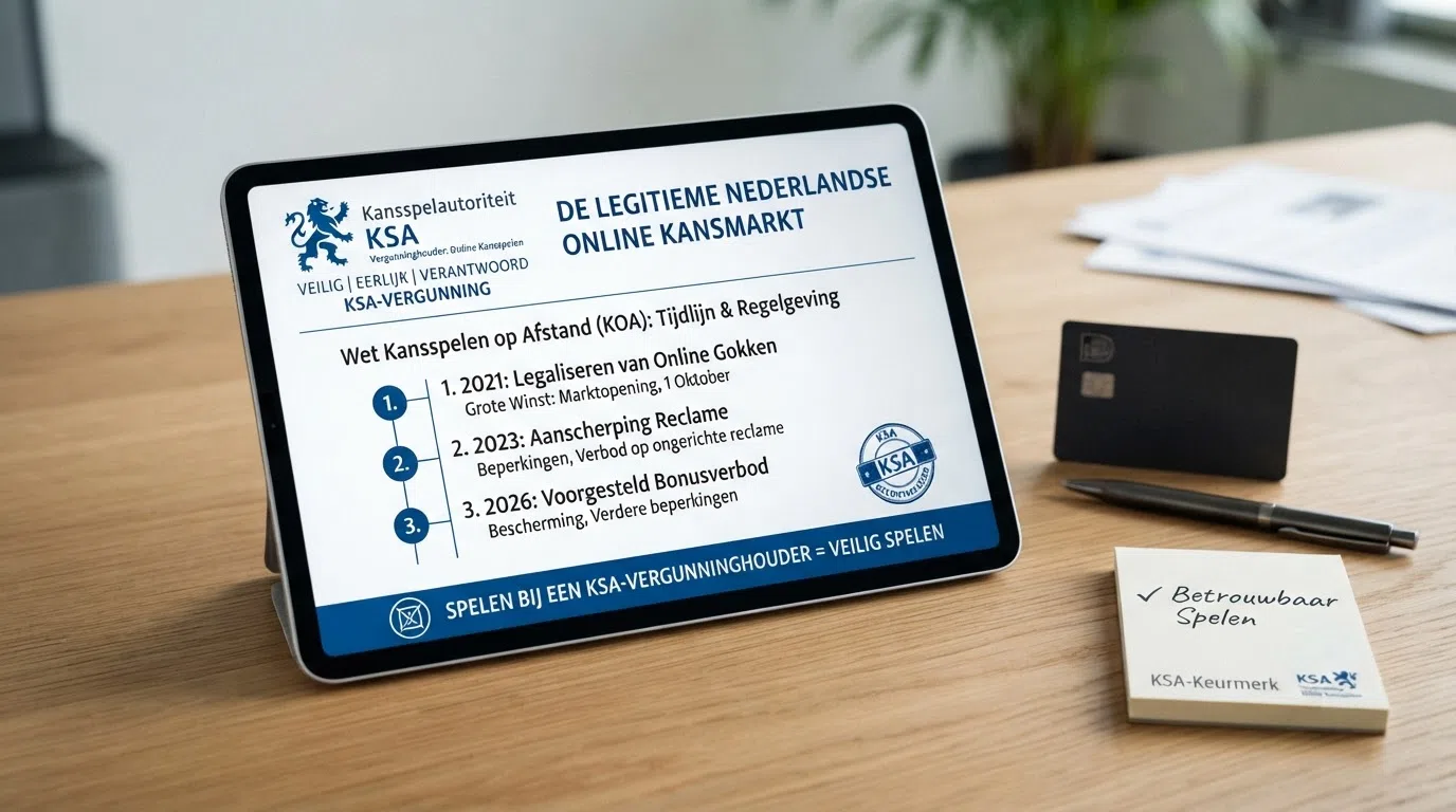 Het logo van de Kansspelautoriteit naast een vereenvoudigde tijdlijn van de Wet KOA: 2021 (legalisering) → 2023 (reclamebeperking) → 2026 (aangekondigd bonusverbod).