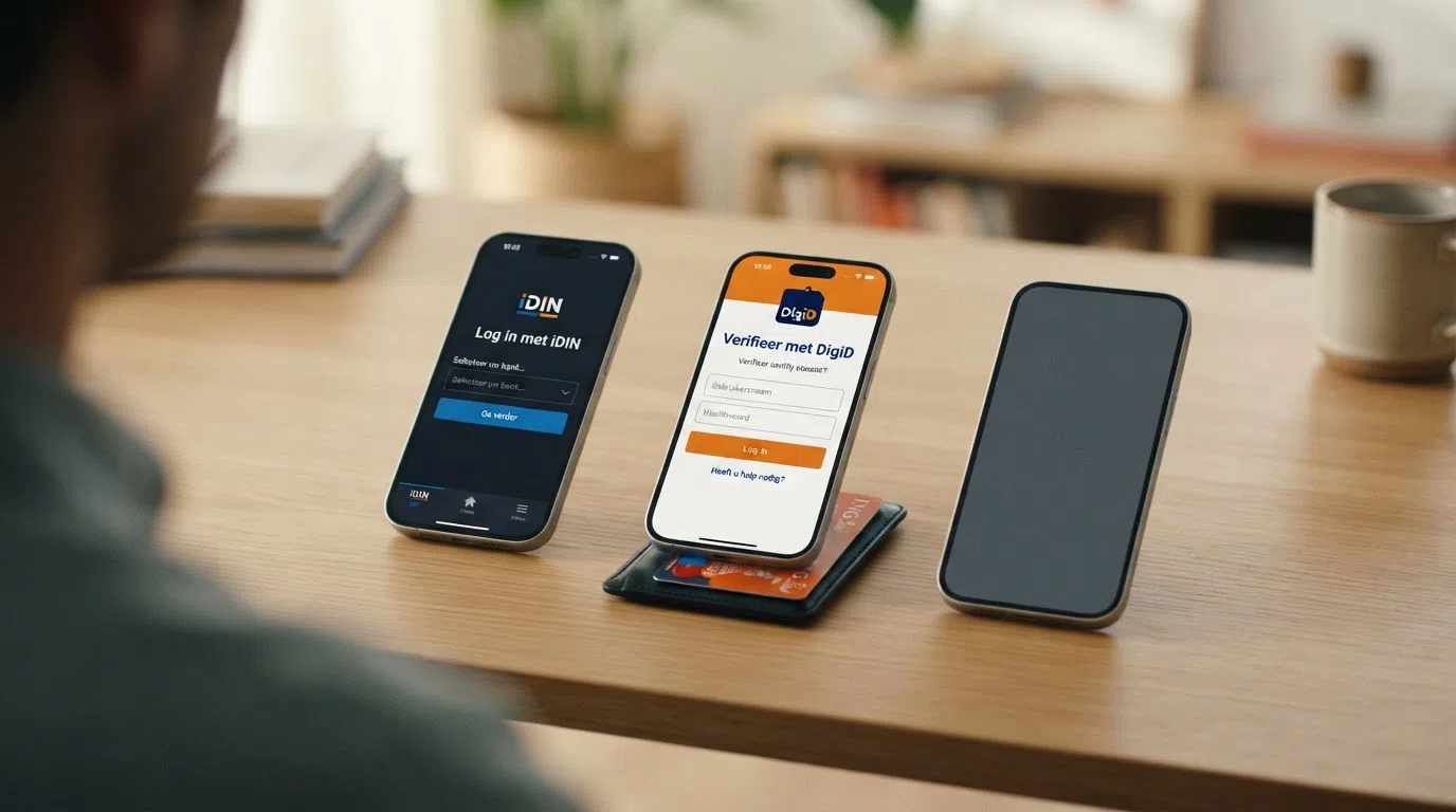 De drie stappen van KSA-identiteitsverificatie: een smartphone met iDIN-inlogscherm, een DigiD-koppeling, en een identiteitsbewijs dat wordt gekopieerd