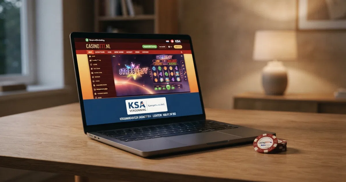 Een laptopscherm met de homepage van een online casino waarop het KSA-vergunninglogo en een slot fruitautomaat zichtbaar zijn