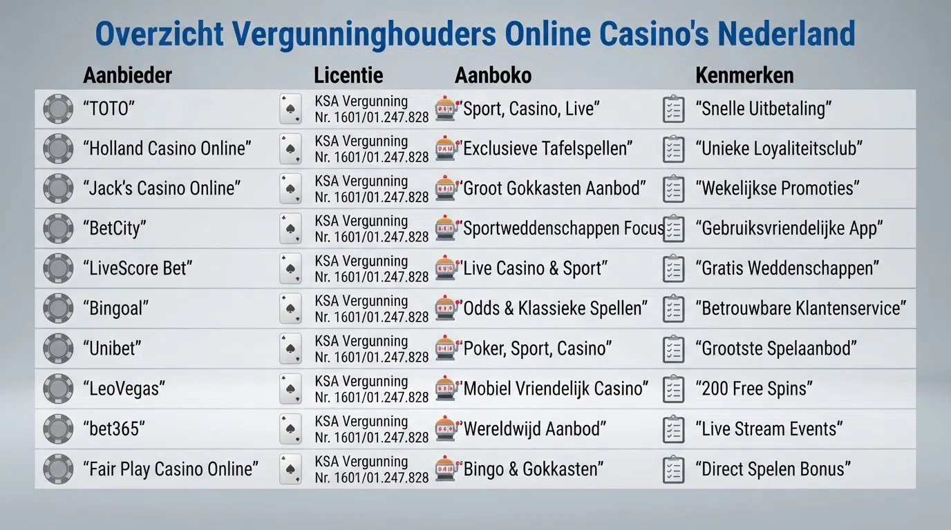 Een vergelijkingstabel van KSA-vergunde online casino's met kolommen voor licentie, welkomstaanbod en spelaanbod, met het KSA-logo zichtbaar als keurmerk