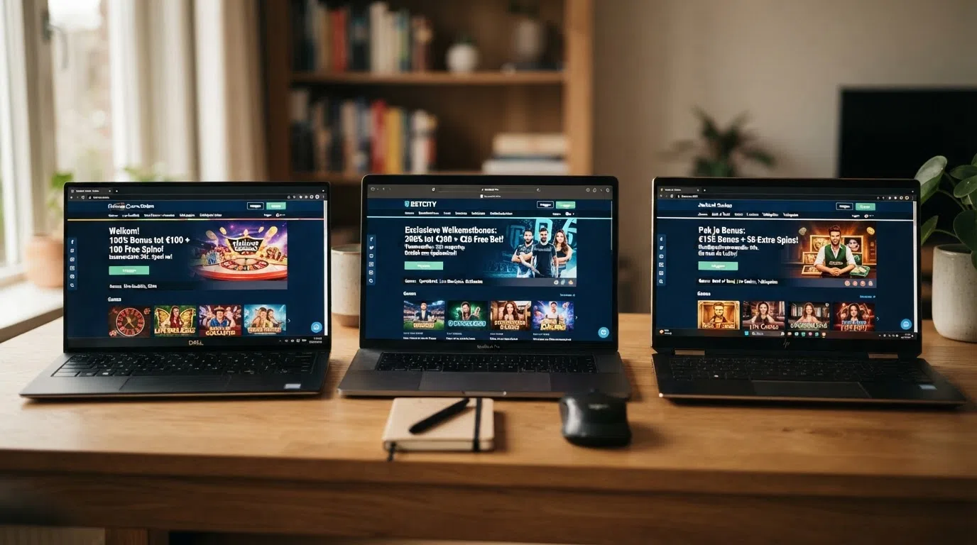 Drie Nederlandse online casino-welkomstpagina's naast elkaar, met verschillende bonusbedragen, inzetvoorwaarden en spelaantallen zichtbaar