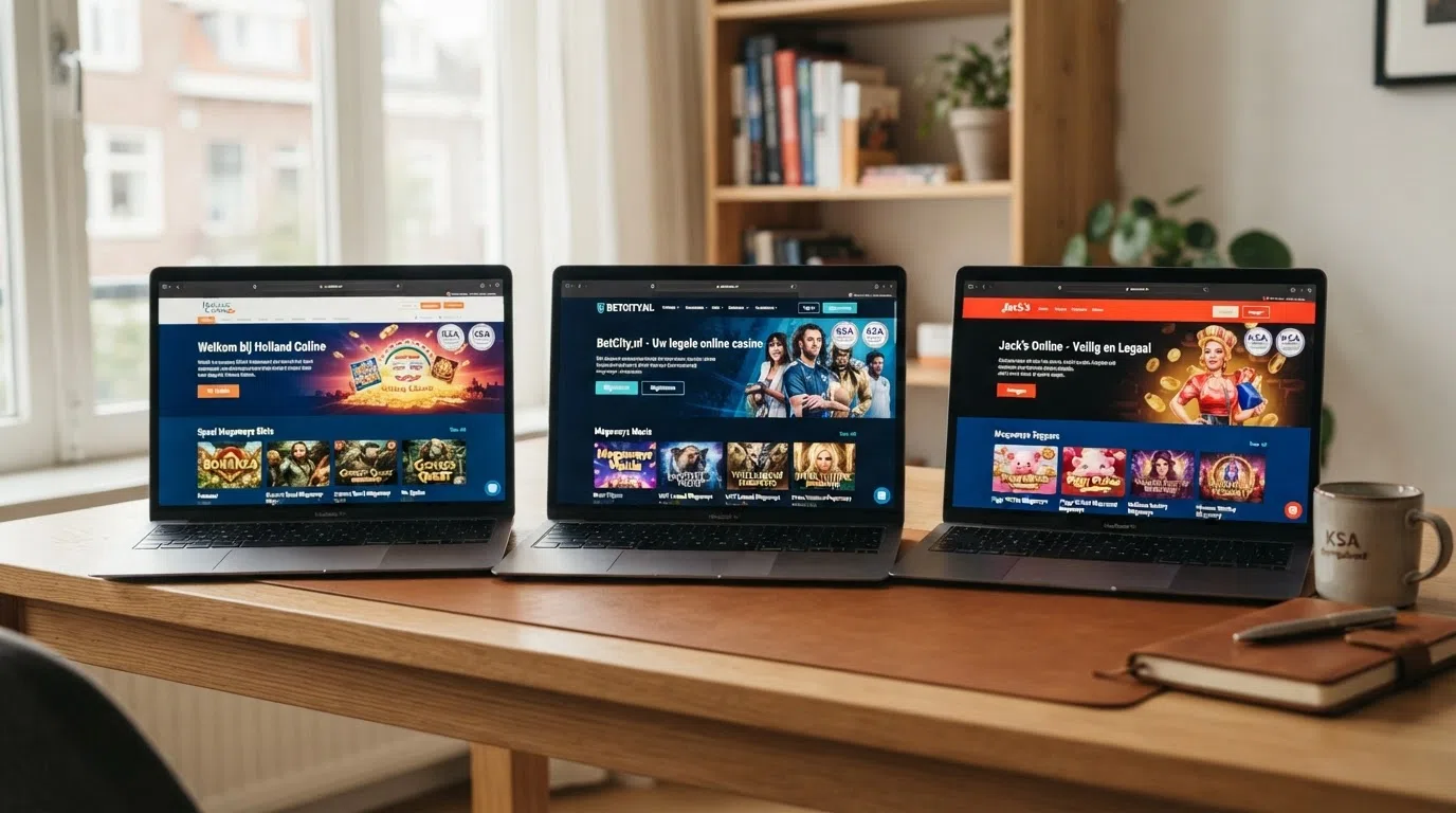De homepages van drie KSA-vergunde online casino's met Megaways-slots in hun spelaanbod uitgelicht
