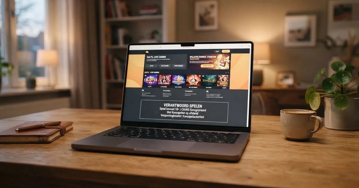 Een laptopscherm met een Nederlands online casino dat het KSA-vergunningnummer duidelijk in de footer toont