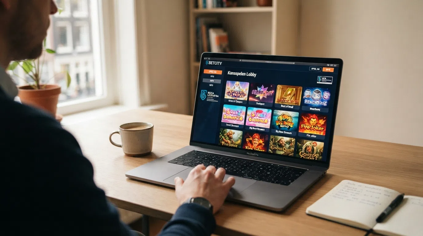 Een Nederlands online casino-lobbybeeld met herkenbare slots van Pragmatic Play en Nolimit City — de bonus buy-knop ontbreekt, de rest van het spel is er gewoon.