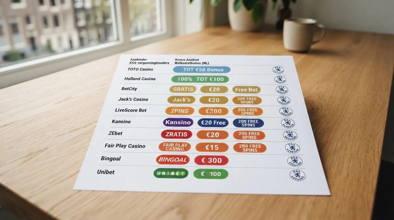 Een gestileerd vergelijkingsscherm met tien KSA-keurmerken in een rij, elk met een verschillend gekleurd bonuslabel ervoor