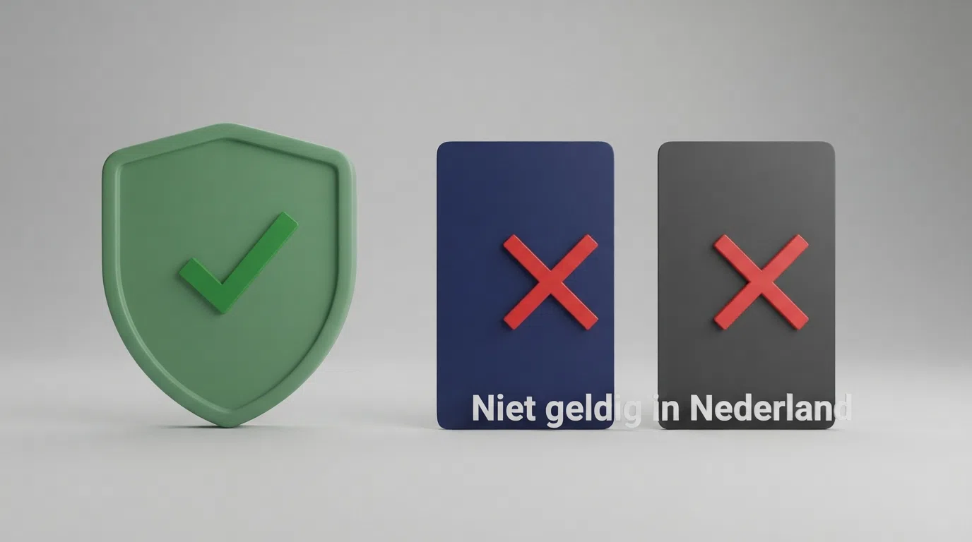 Een overzichtsschema van drie casino-licenties: de Nederlandse KSA-vergunning (groen vinkje), een Curaçaose licentie en een MGA-licentie (beide met rood kruis), met de tekst 'Niet geldig in Nederland'.