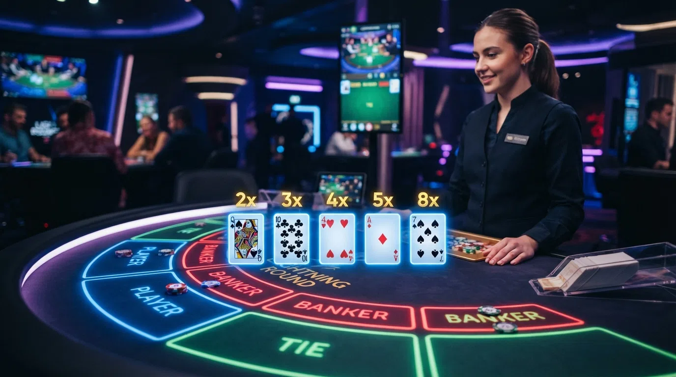 Een Lightning Baccarat-tafel van Evolution Gaming met oplichtende Lightning Cards en zichtbare multipliers op het scherm