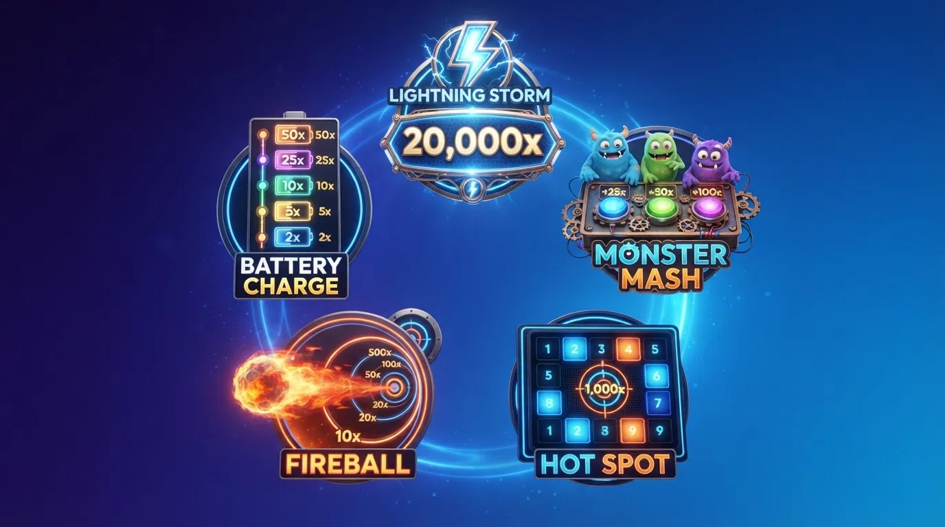 De vijf Lightning Storm-bonusspellen op het DigiWiel — Battery Charge, Fireball, Hot Spot, Monster Mash en de Lightning Storm-bonus