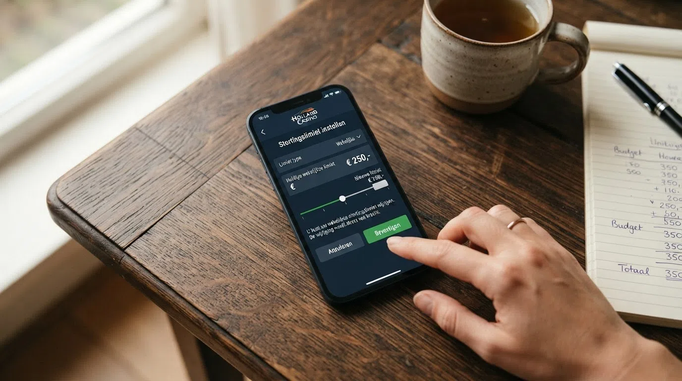 Een smartphone met de limietinstellingenpagina van een Nederlands online casino