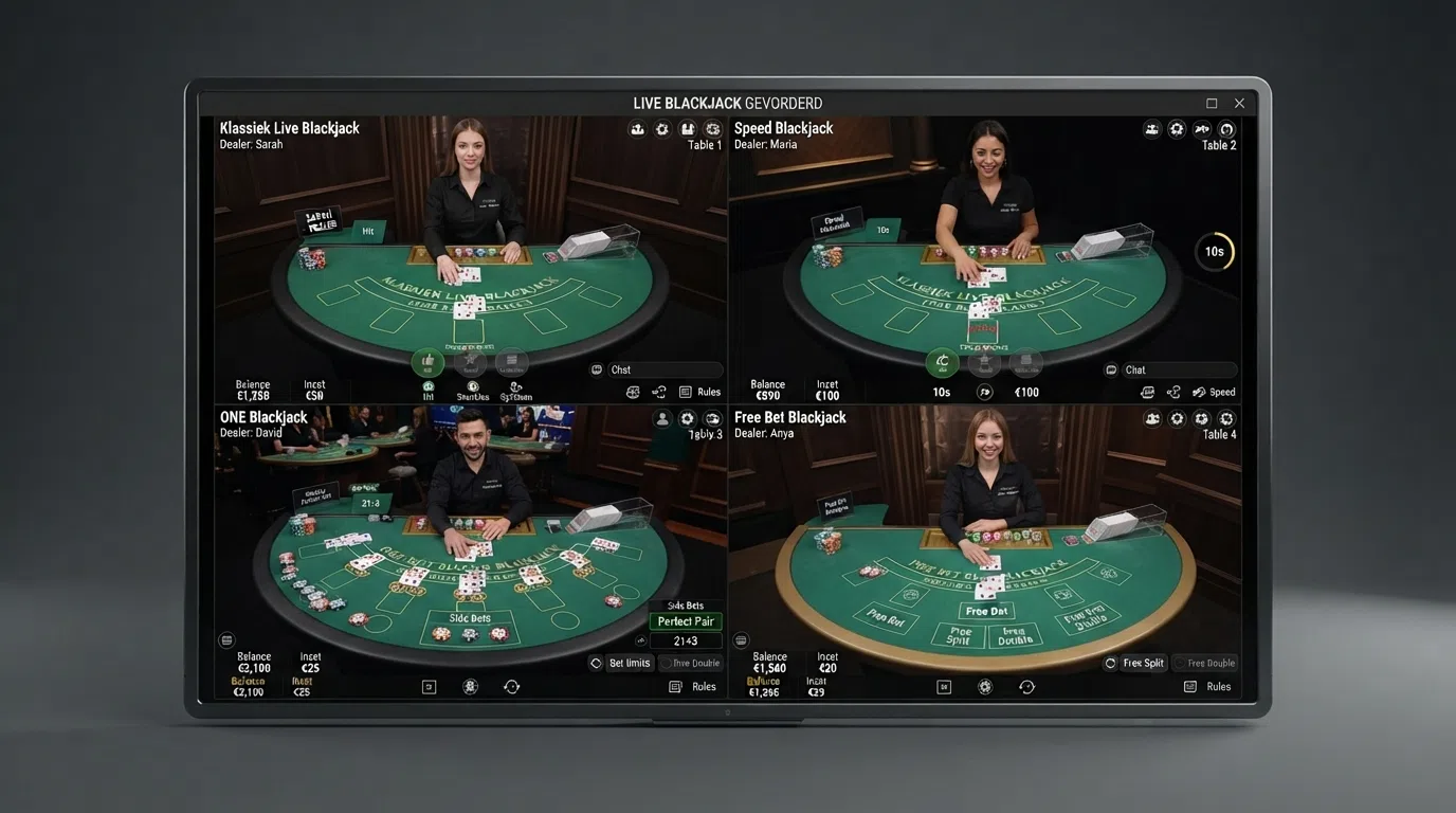 Verschillende live blackjack tafels naast elkaar op een scherm, met de interfaces van meerdere populaire varianten zichtbaar